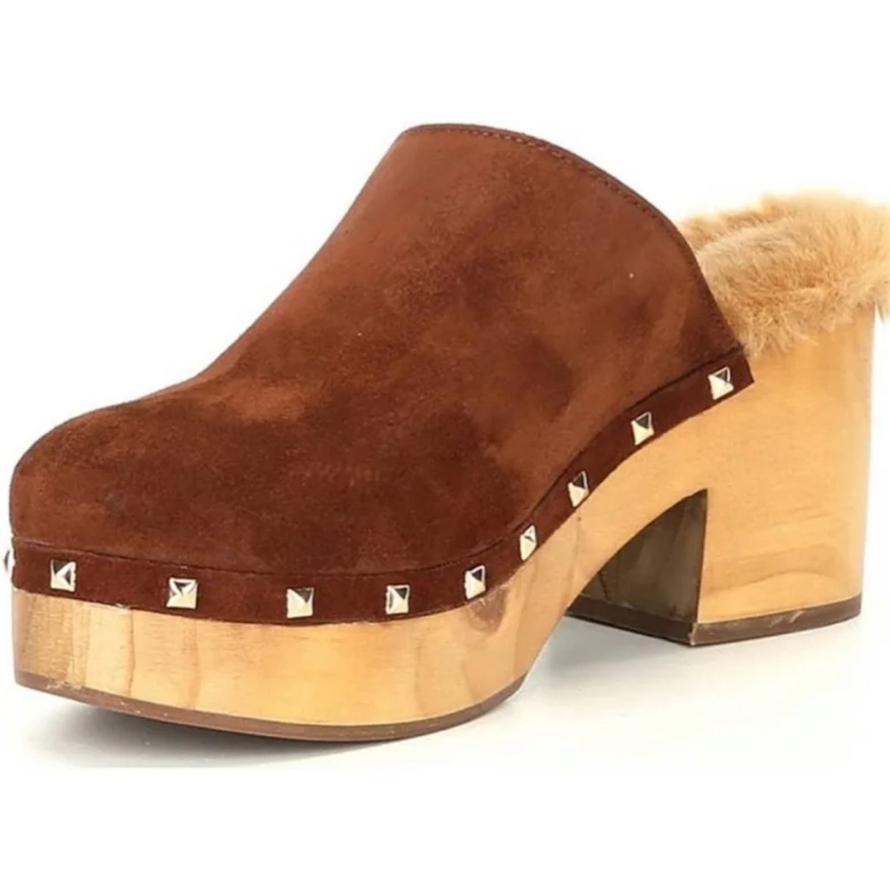 Steve Madden Chestnut Suede Faux-Fur Trim Studded Platform Clog
